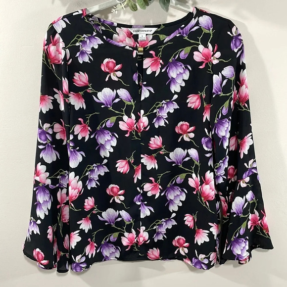 Counterparts Flare Long Sleeve Black Floral Blouse S - Picture 1 of 15